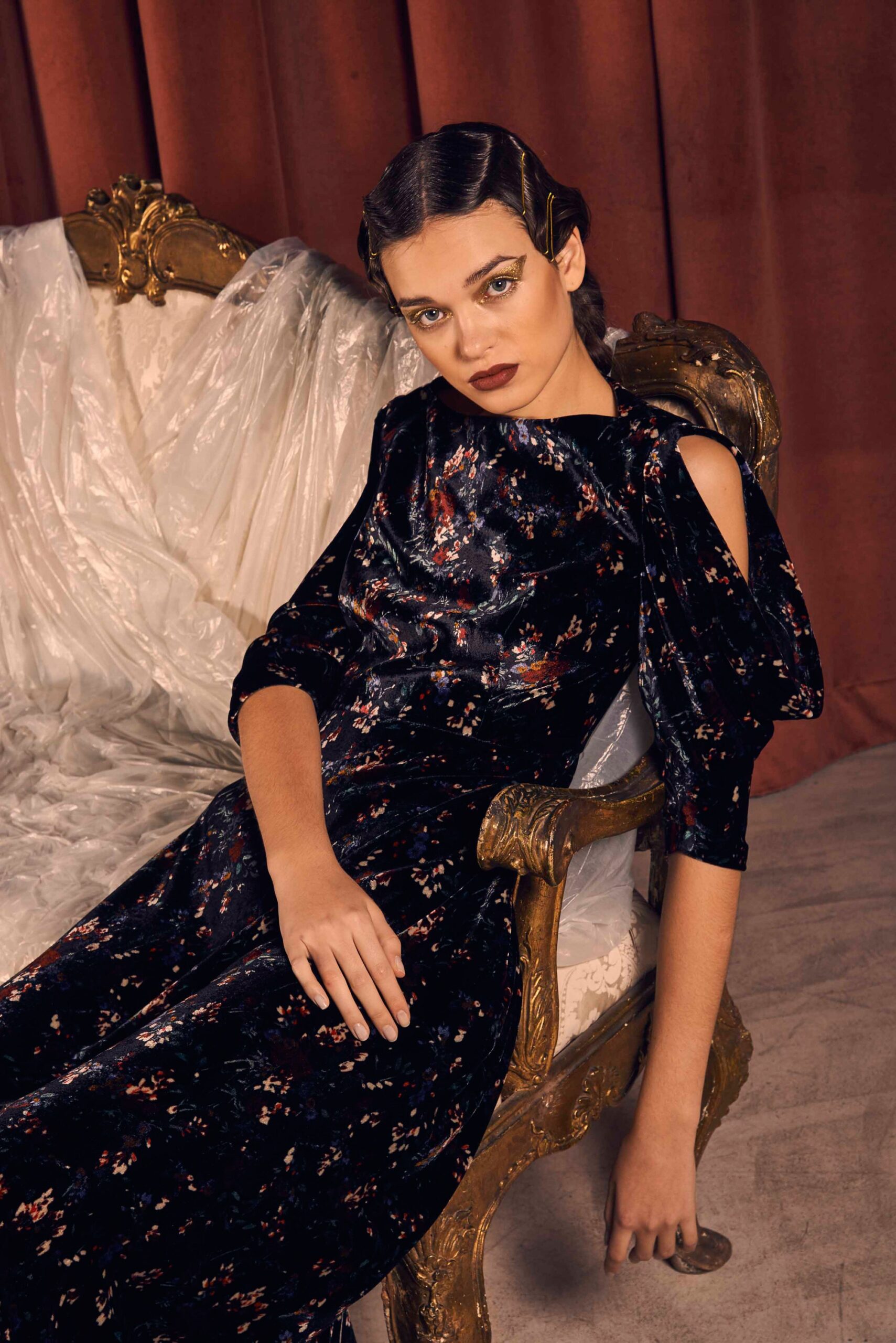 black floral velvet midi dress