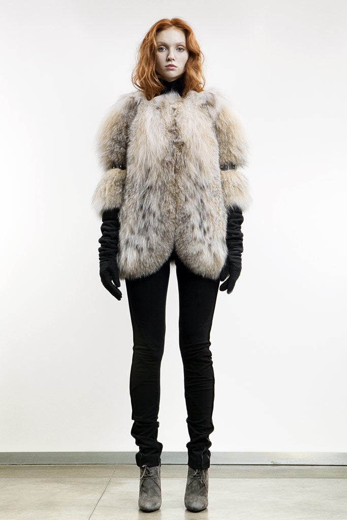 gray fur fitted layered coat