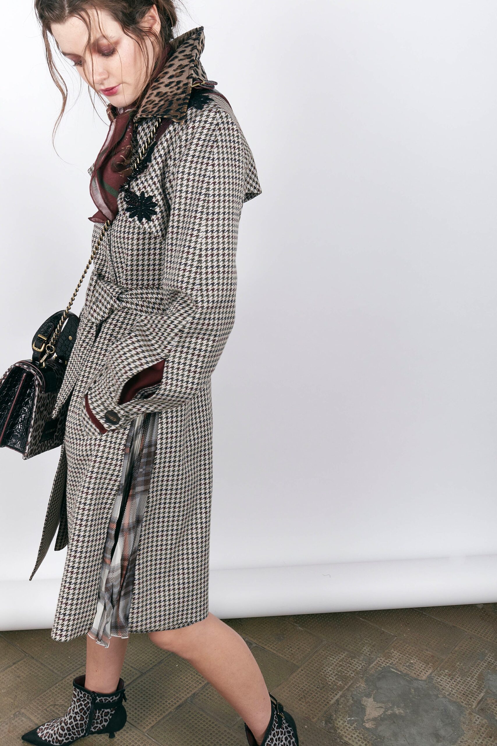 brown checked tailored coat with scarf