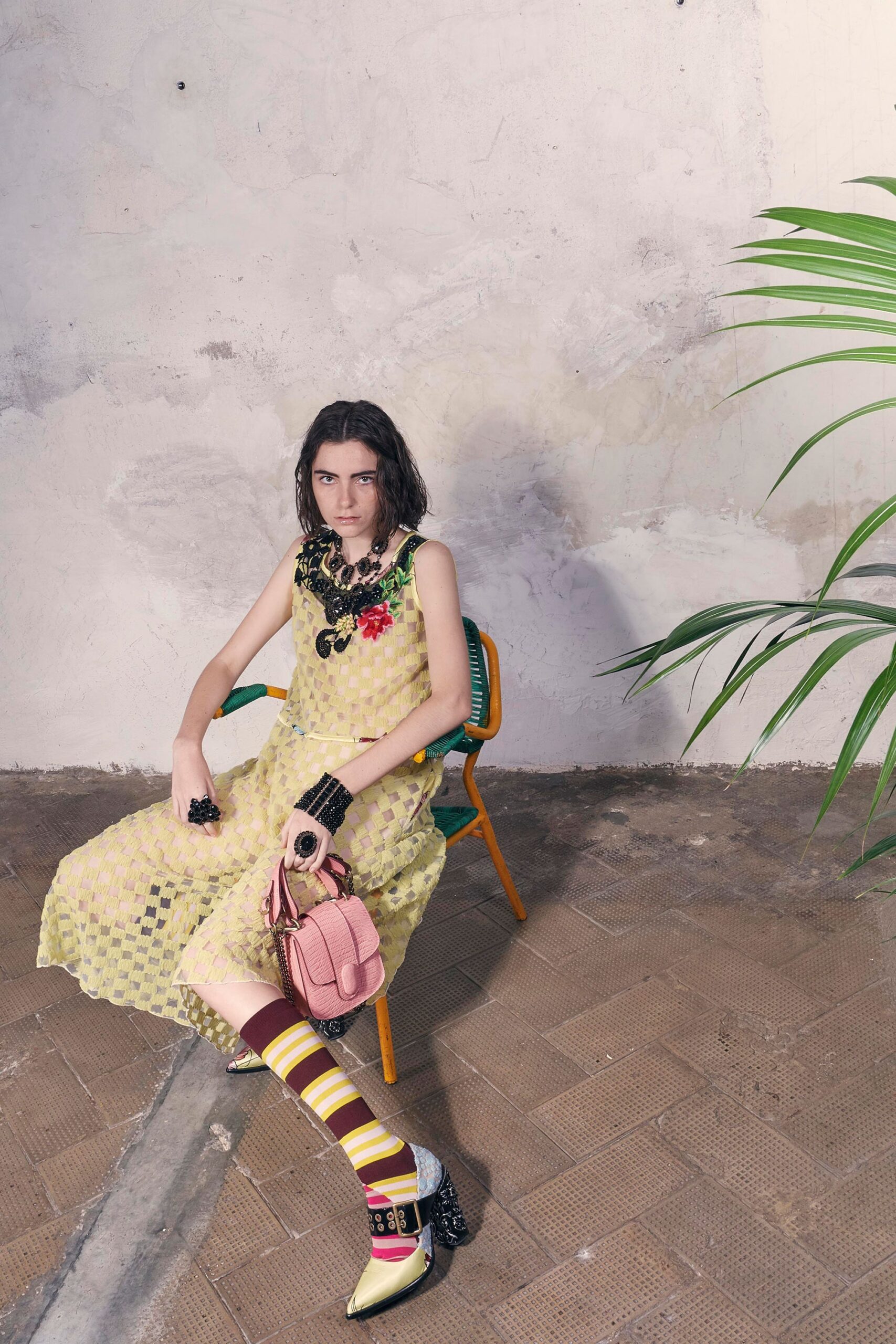 yellow pleated midi dress