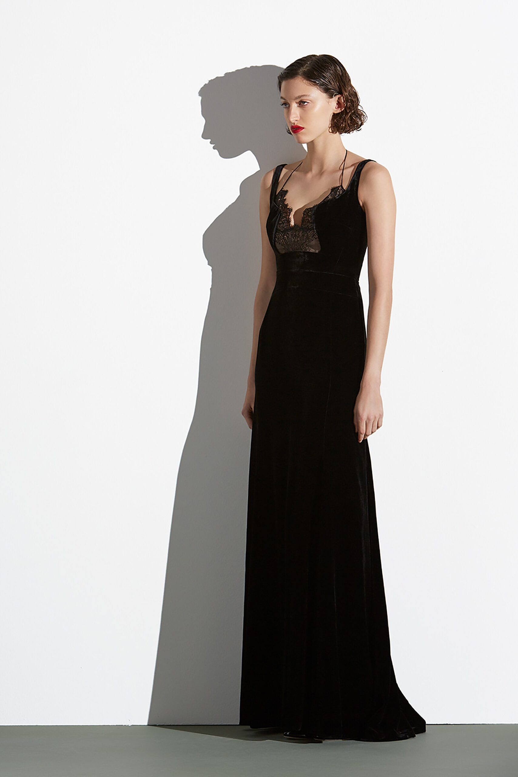 fitted black velvet gown