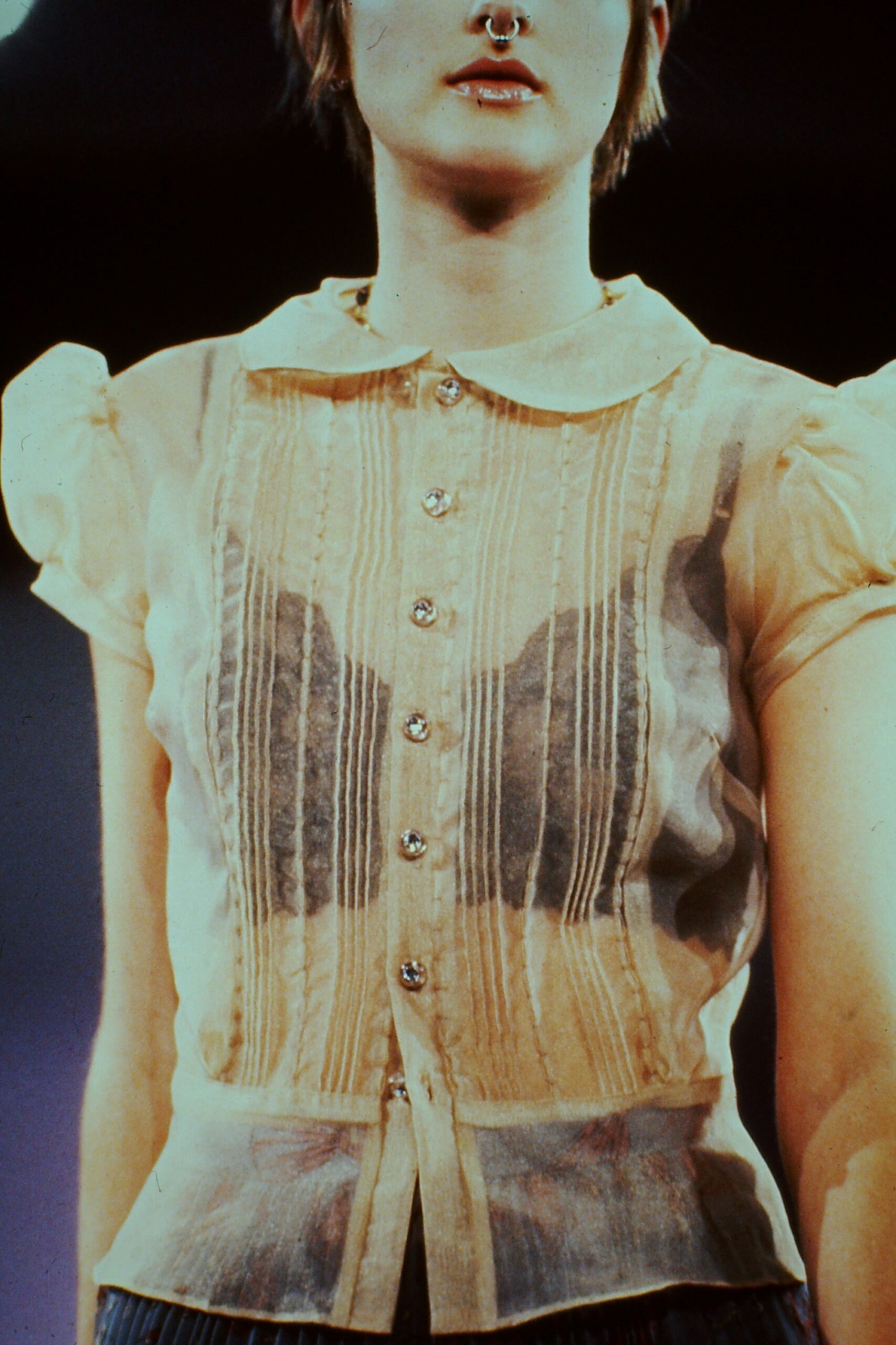 beige sheer pleated blouse