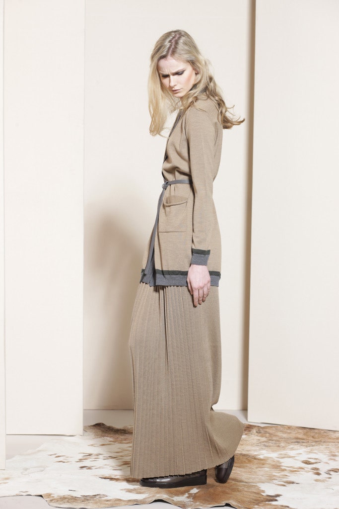 beige fitted long-sleeve dress