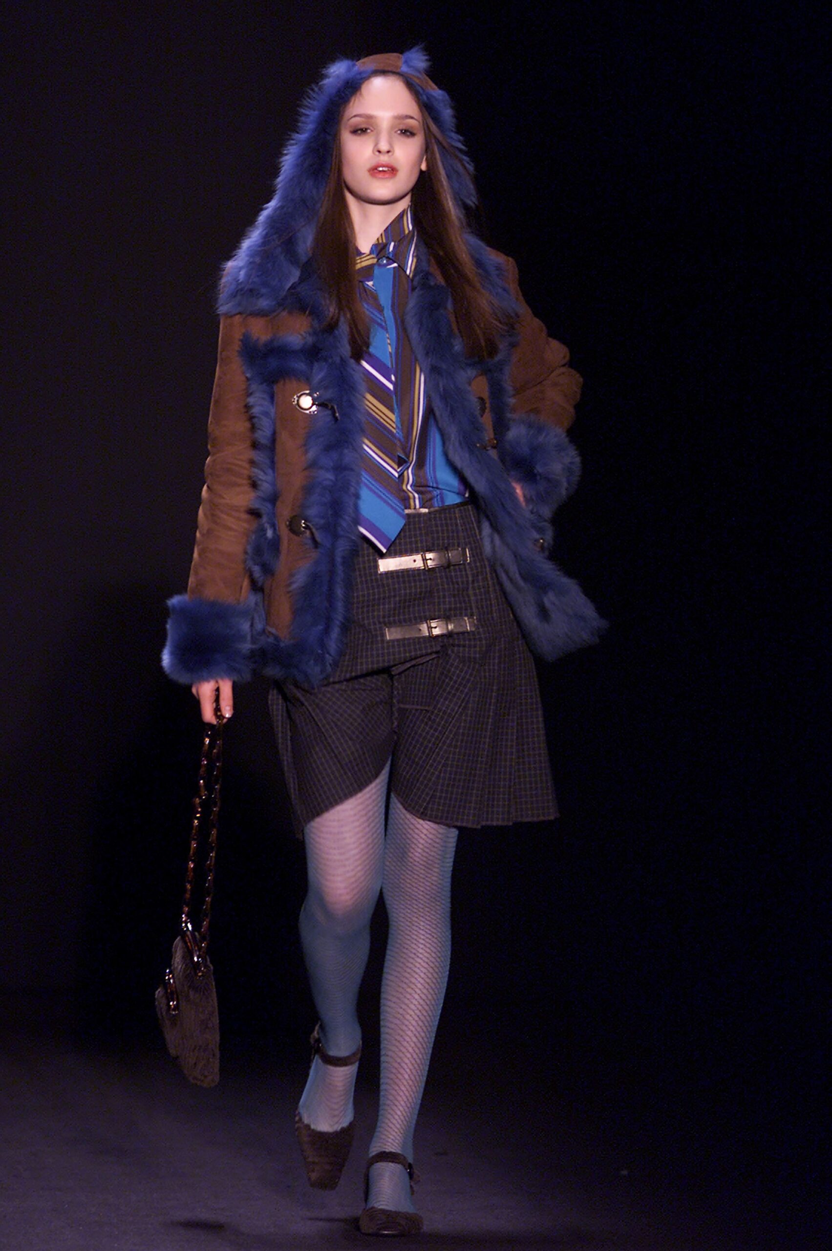 brown fur coat with blue shirt