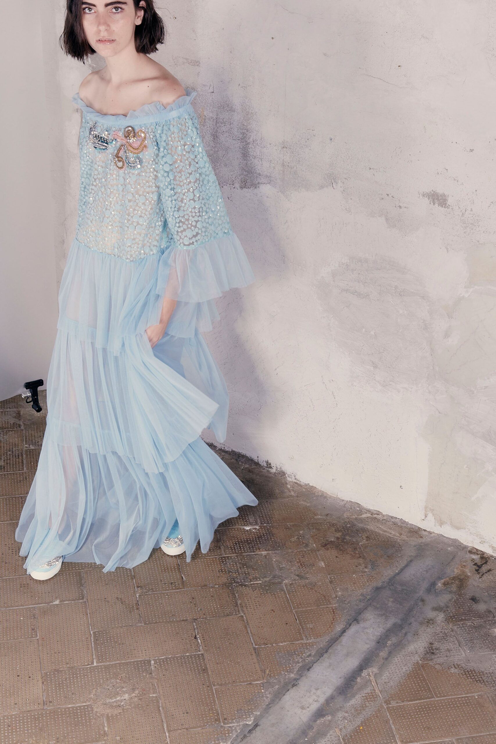 blue chiffon off-shoulder gown