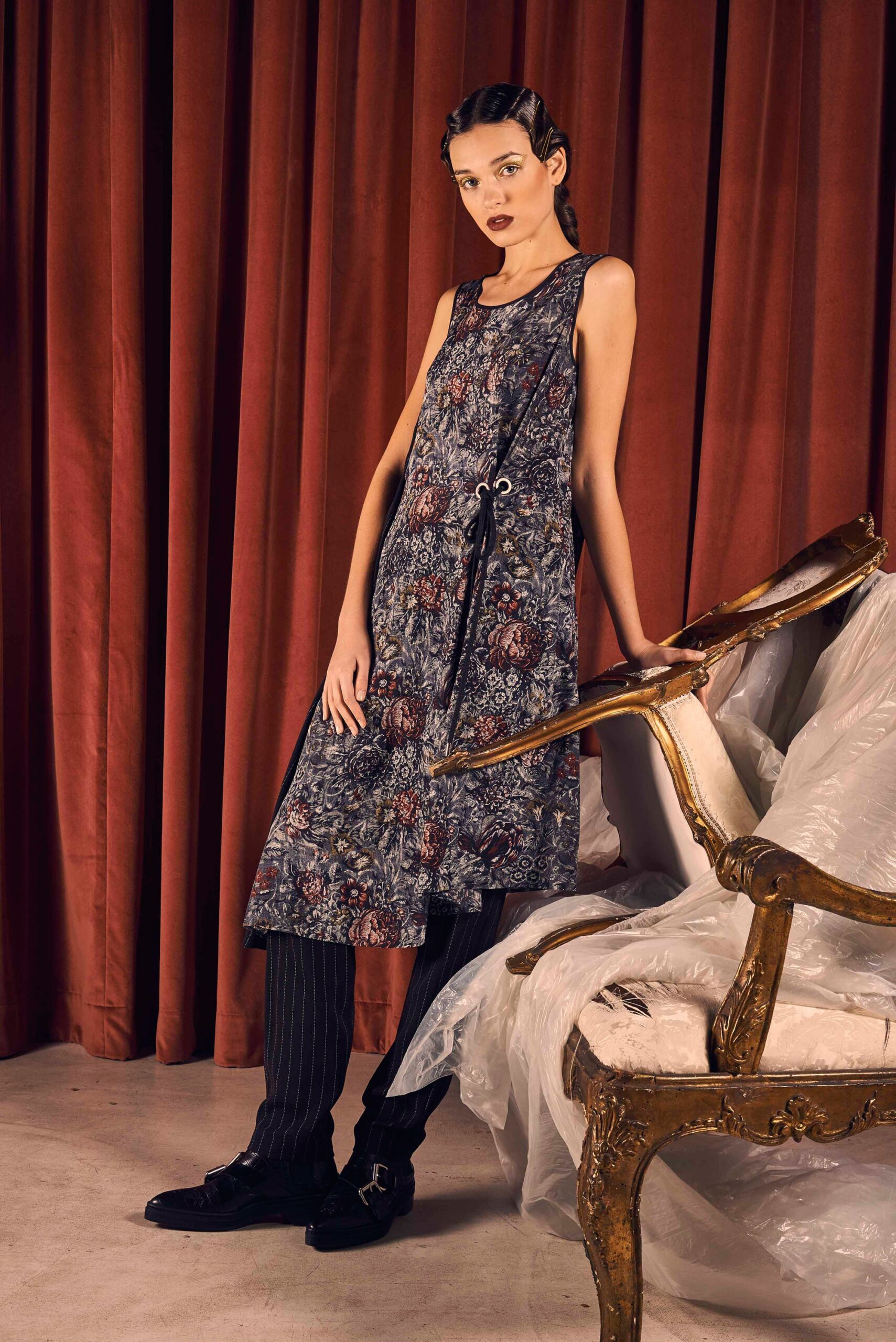 multi-colored relaxed midi dress with black slim pants