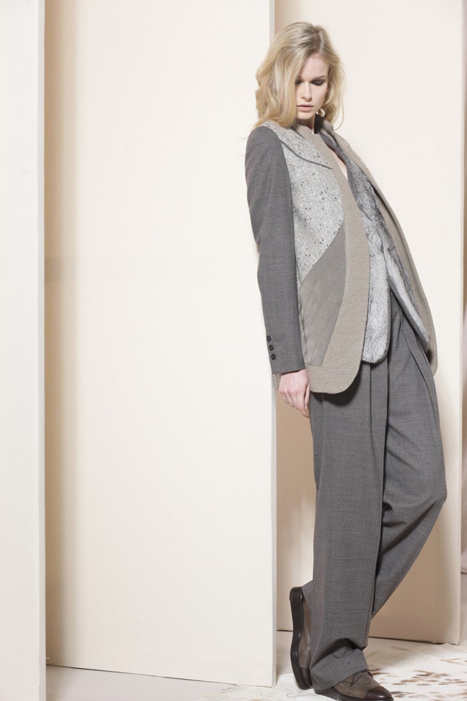 gray tailored blazer and relaxed pants