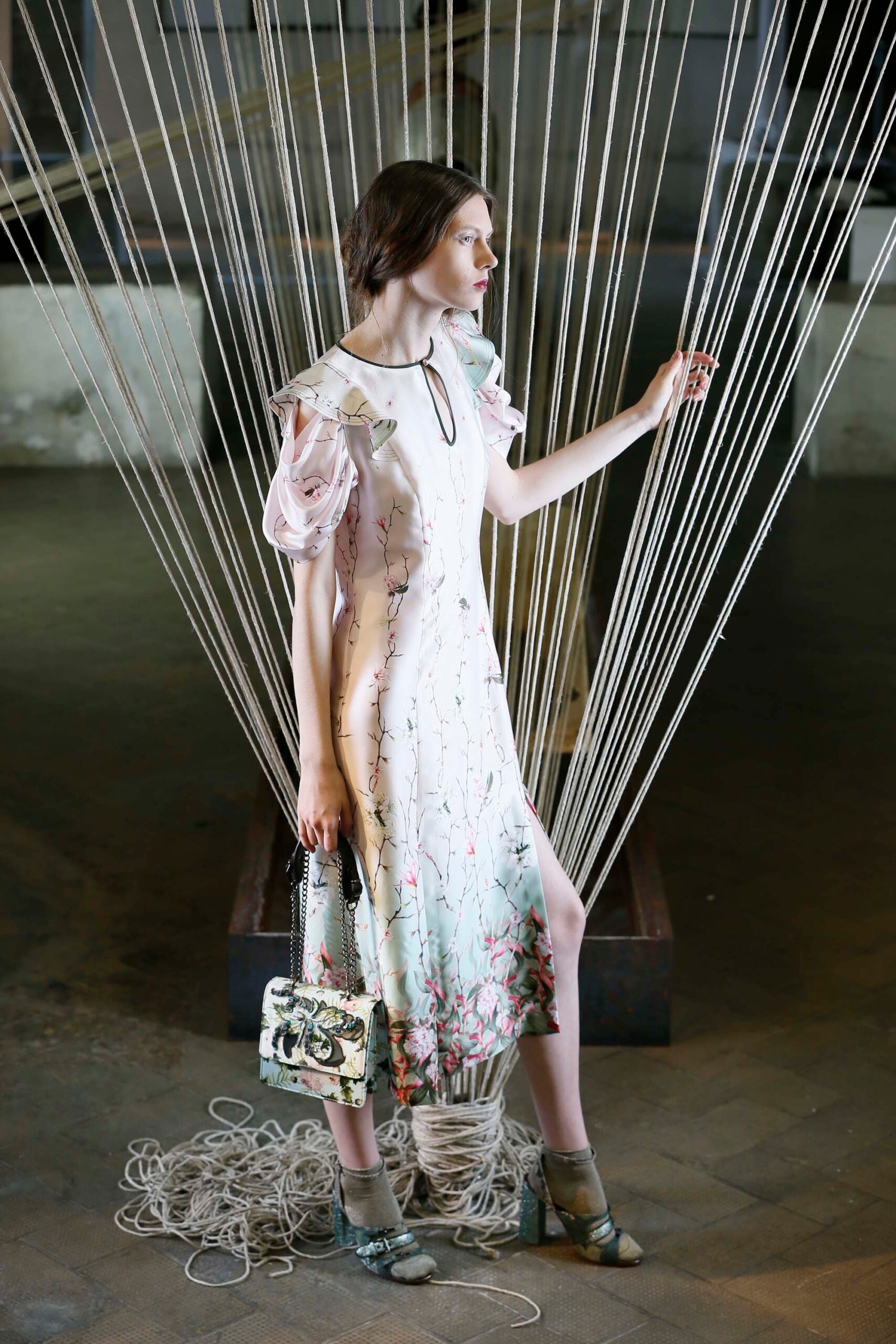 pink floral midi dress with bag