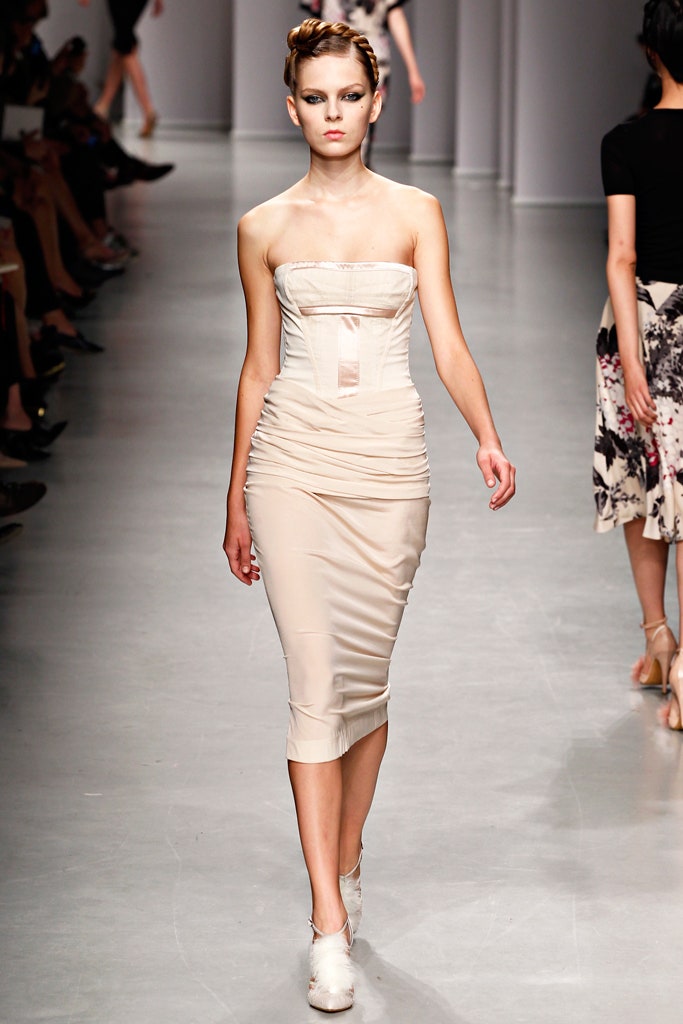 beige silk strapless fitted dress