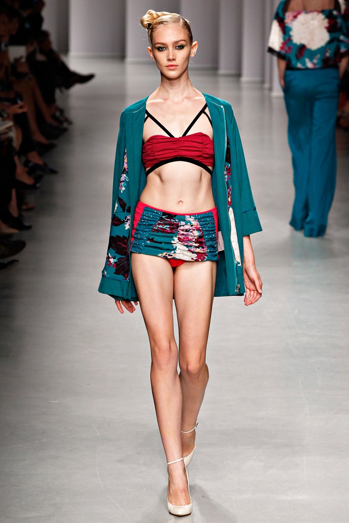 red and teal beachwear outfit