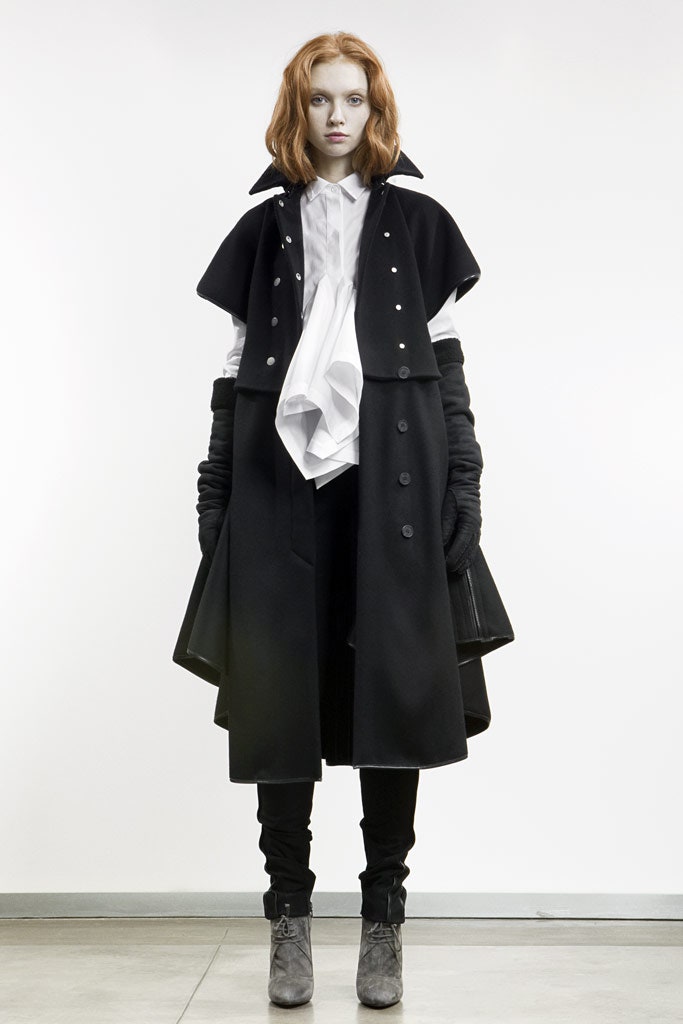 black wool long-sleeve collared fitted layered midi coat