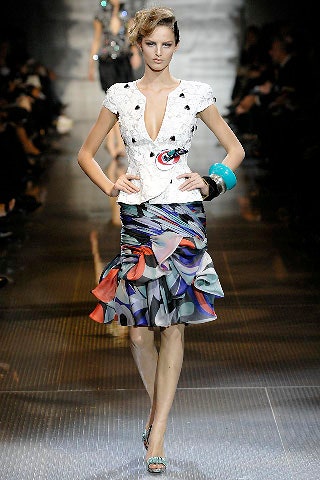 fitted white top and multi skirt