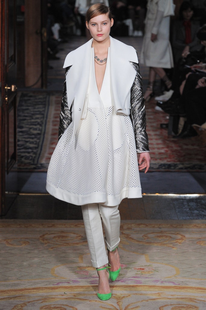 white leather long-sleeve collared structured zippered jacket