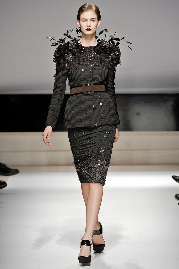 black beaded blazer and pencil skirt