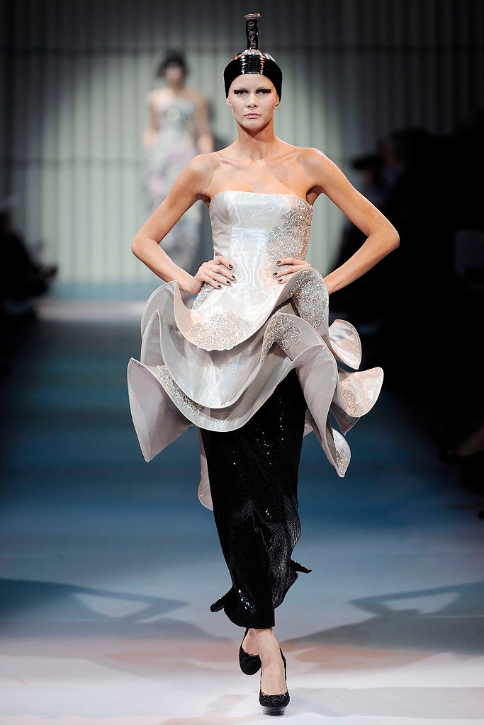 black and gray strapless gown