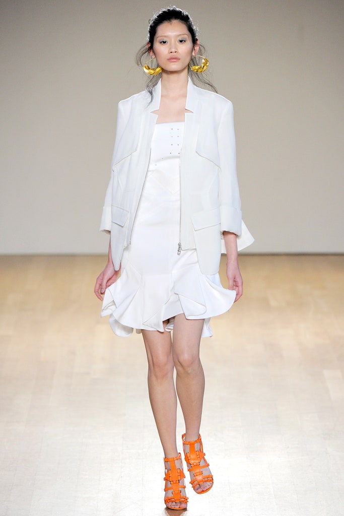 white structured jacket and mini dress