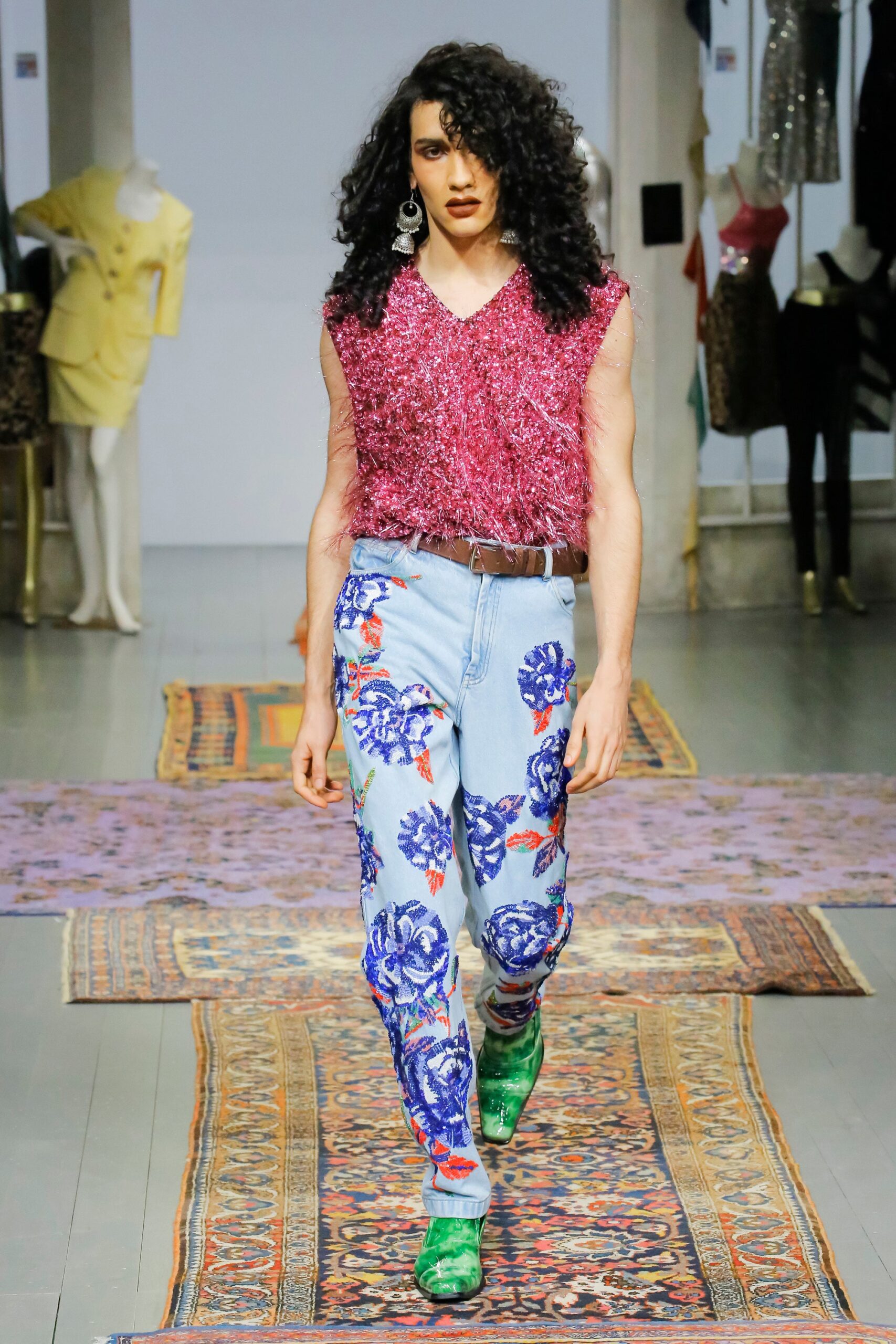 blue denim slim printed pants