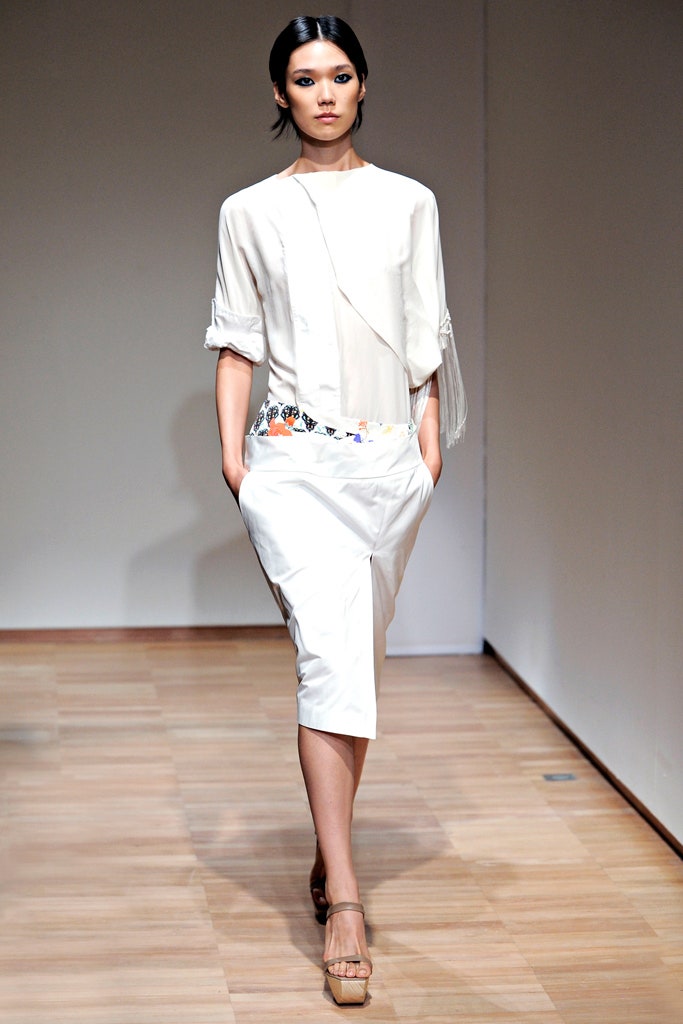 white silk blouse and midi skirt