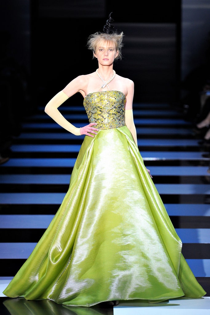 green yellow strapless gown