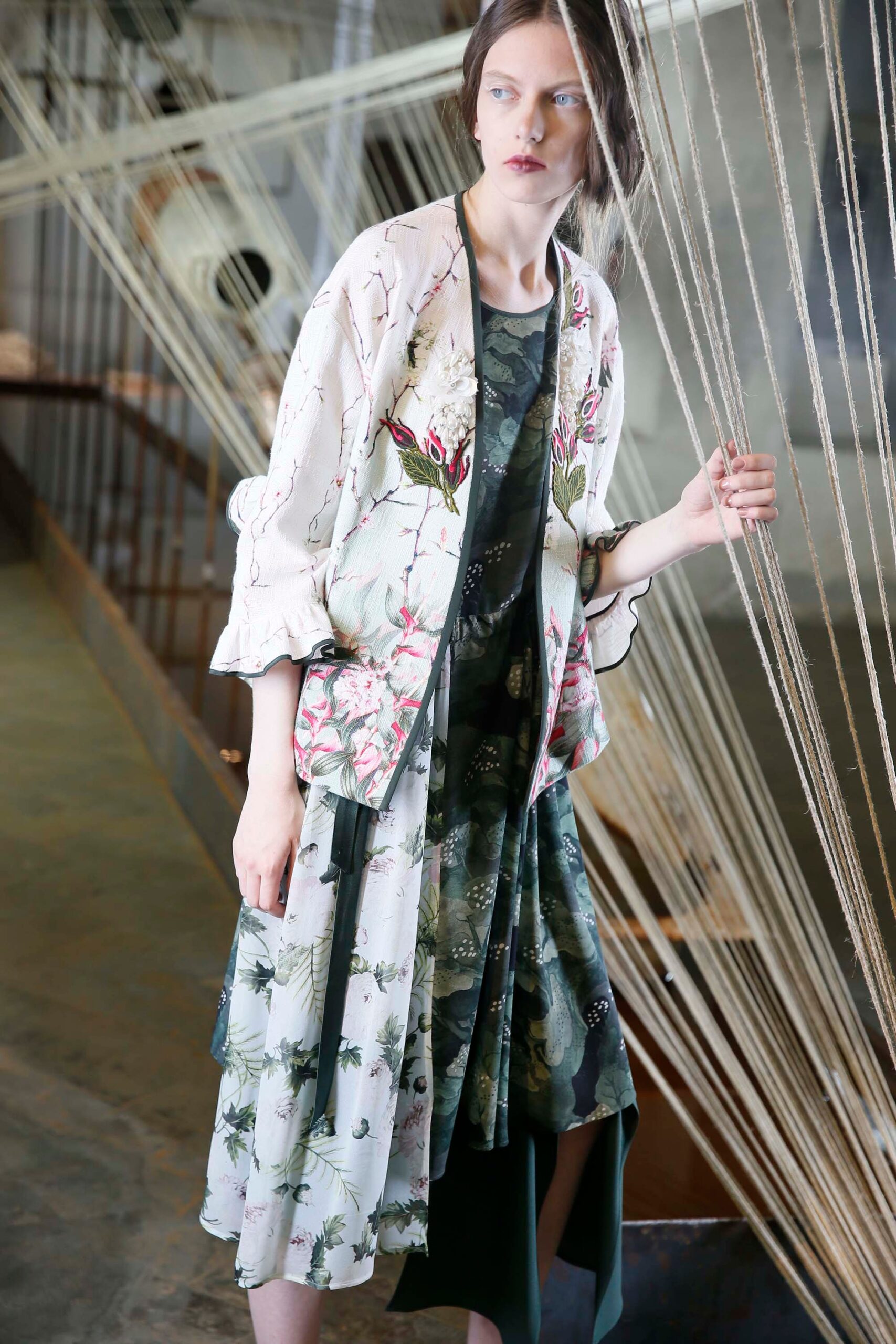 floral green midi dress with embroidered coat