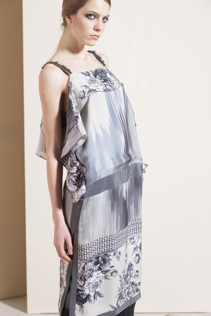 gray and white printed dress