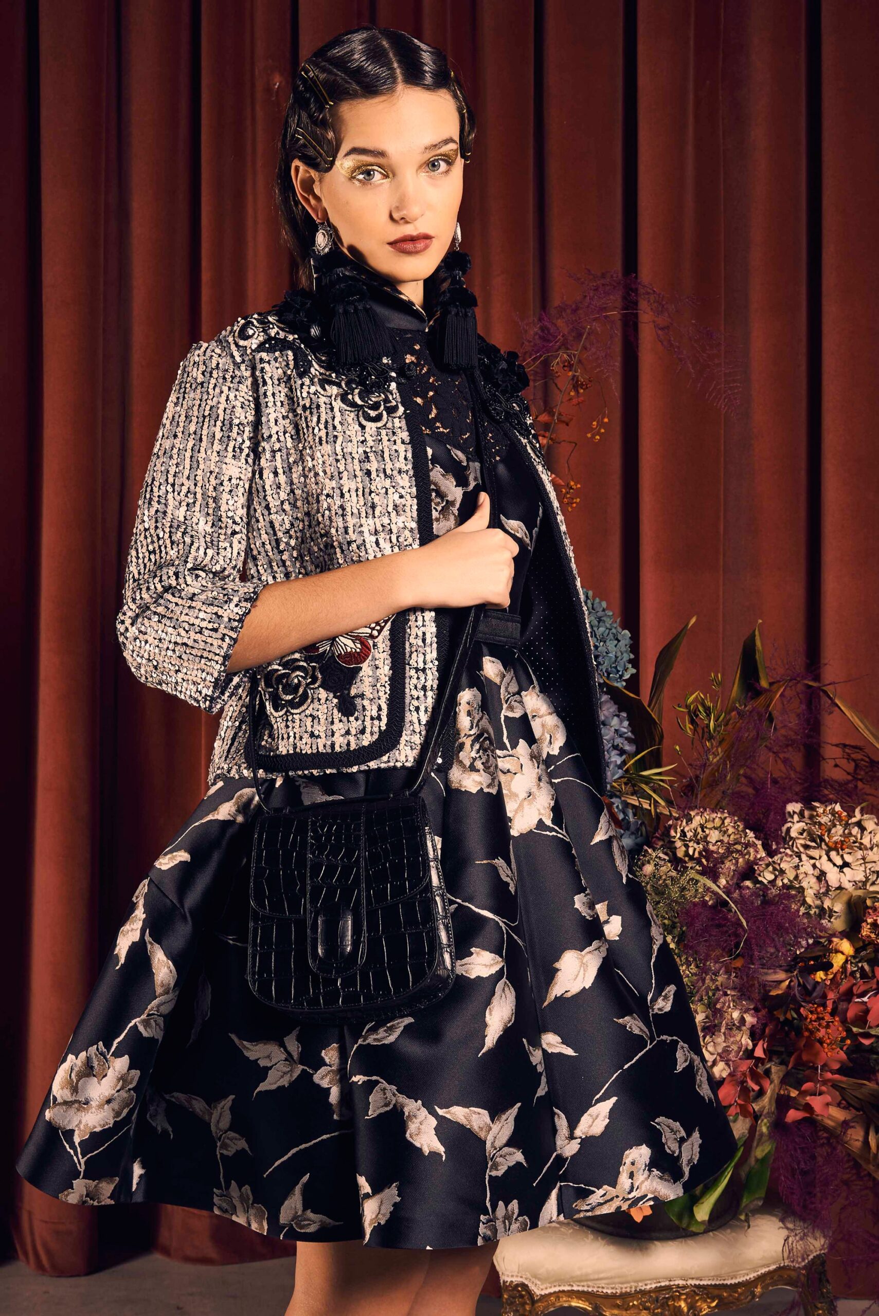 black silk flared dress with embroidered jacket