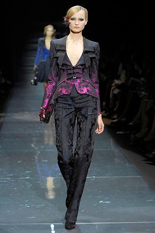 black and purple tailored blazer with fitted pants