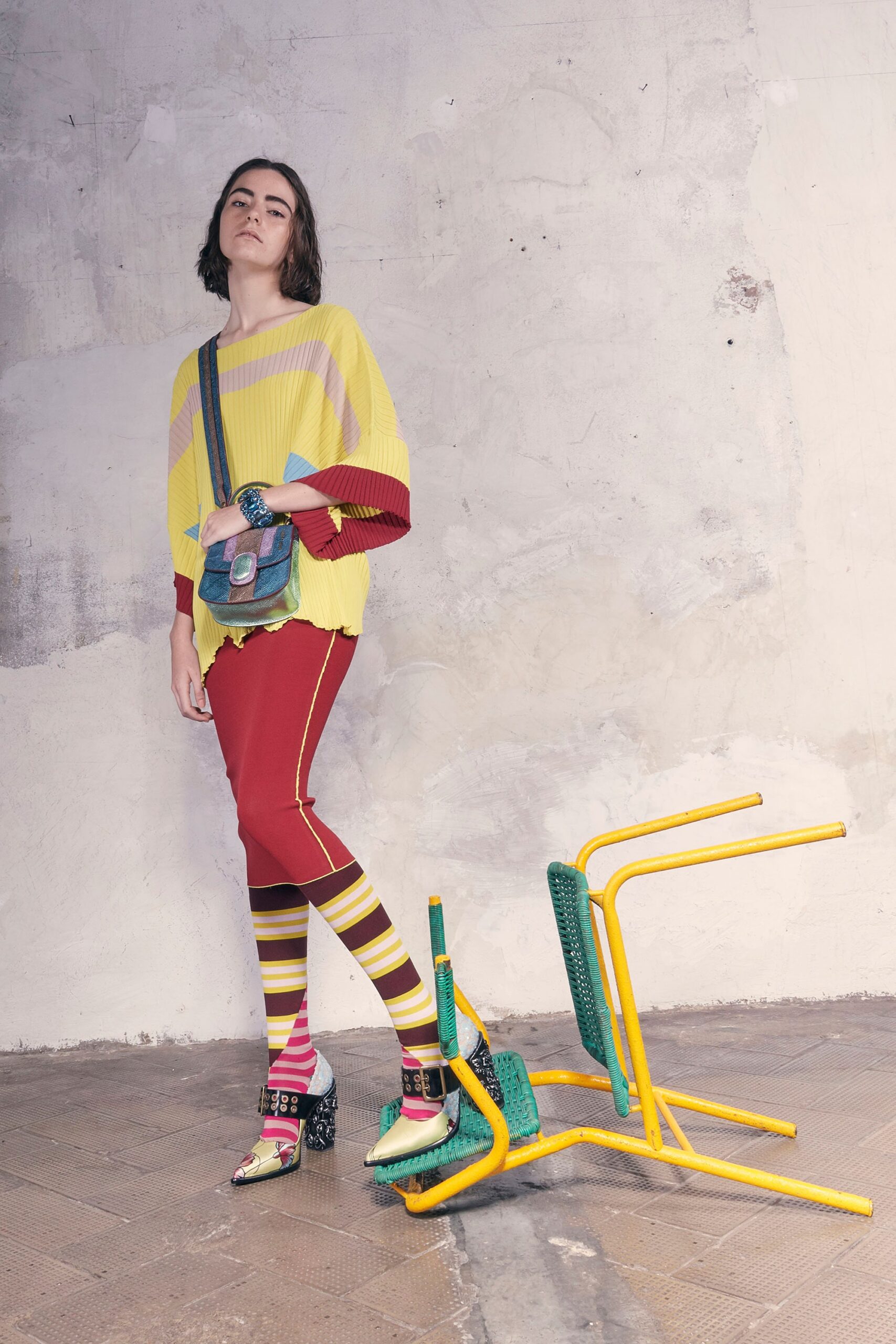 yellow cotton long-sleeve collared relaxed striped top
