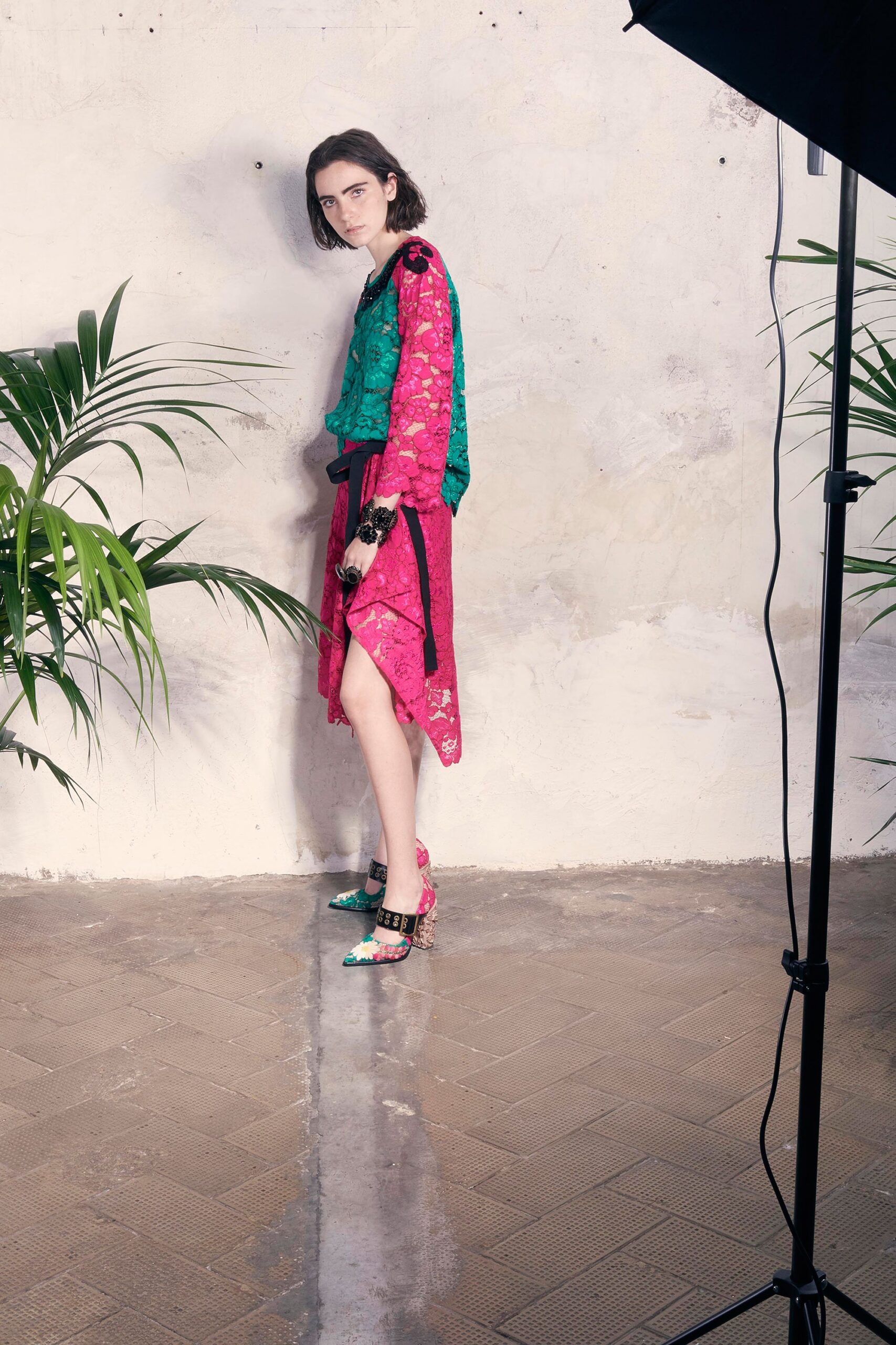 green and pink flared midi dress