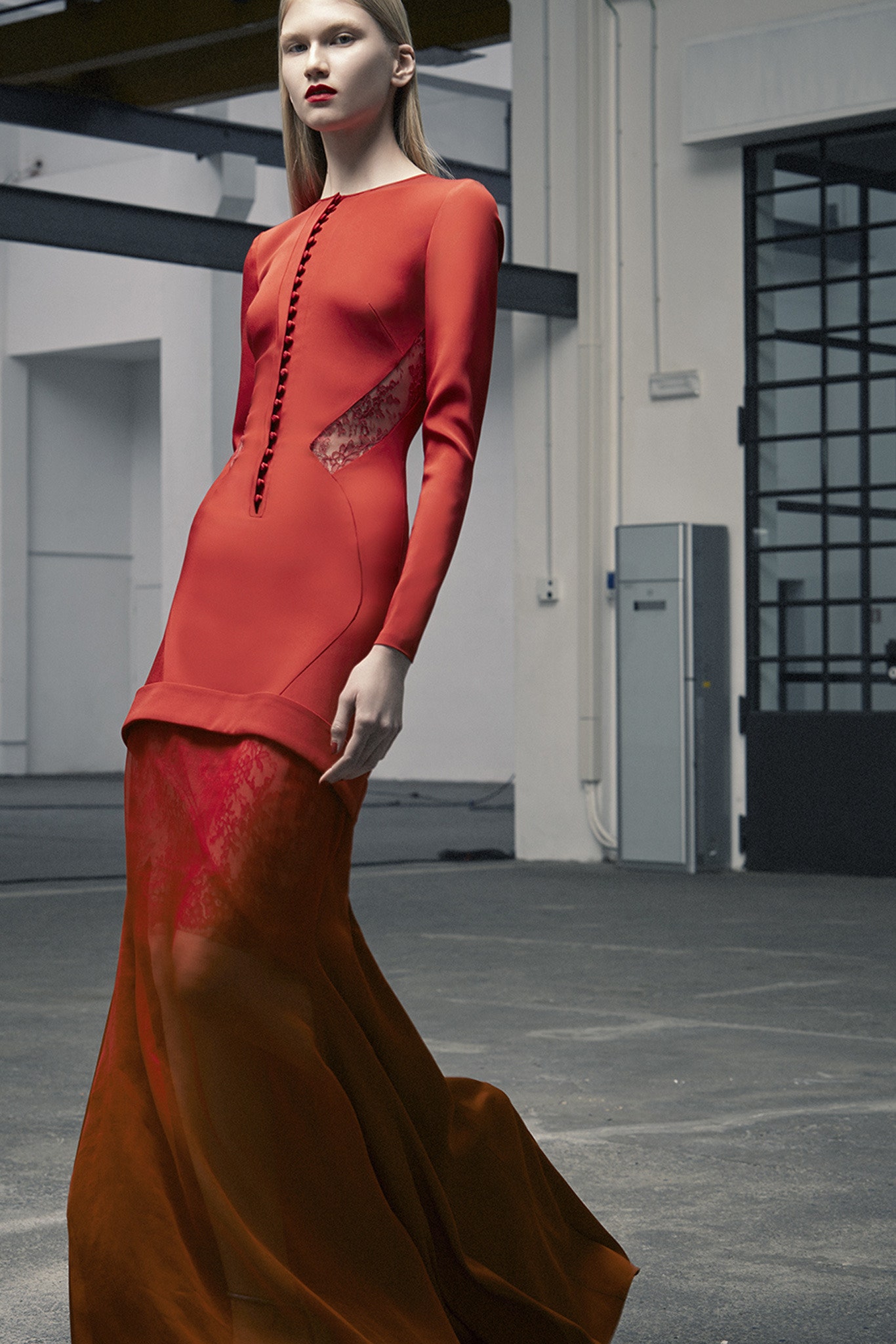 red silk fitted gown