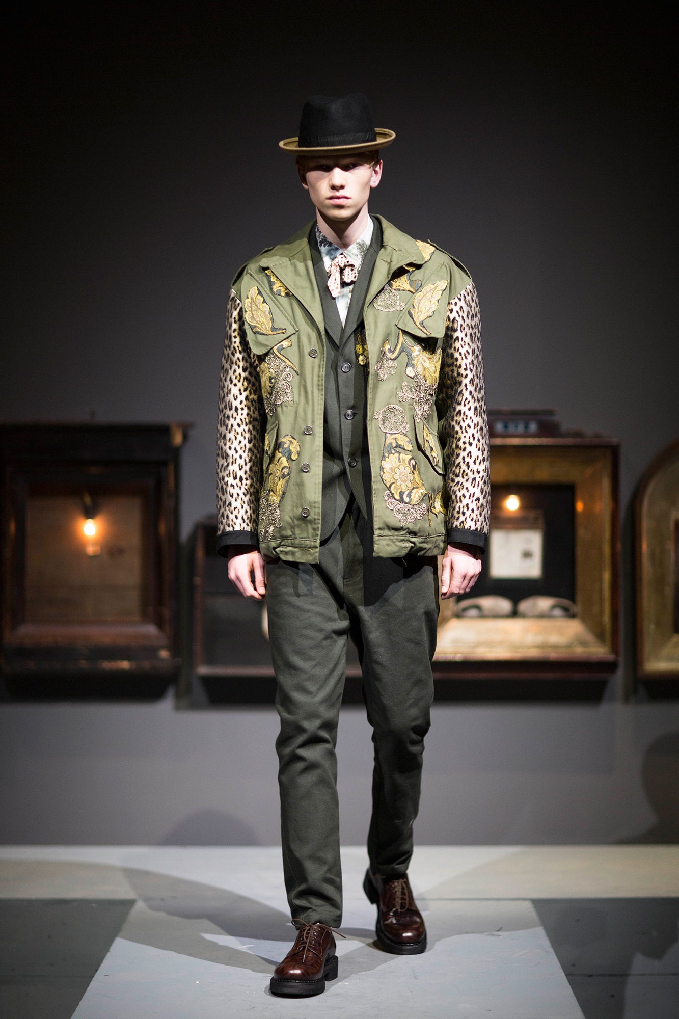 green cotton long-sleeve collared fitted embroidered layered jacket
