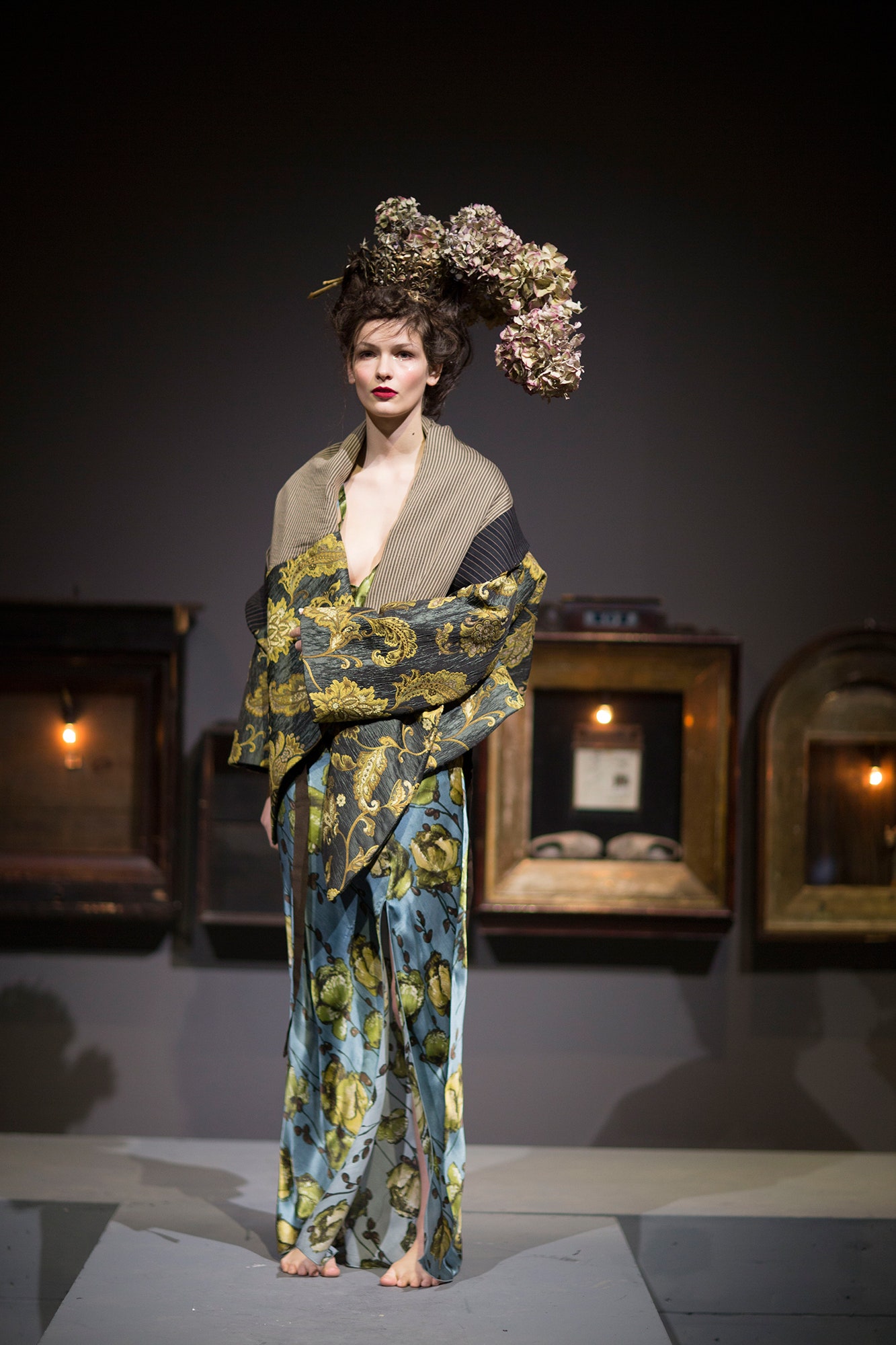 blue and black printed maxi dress with cape