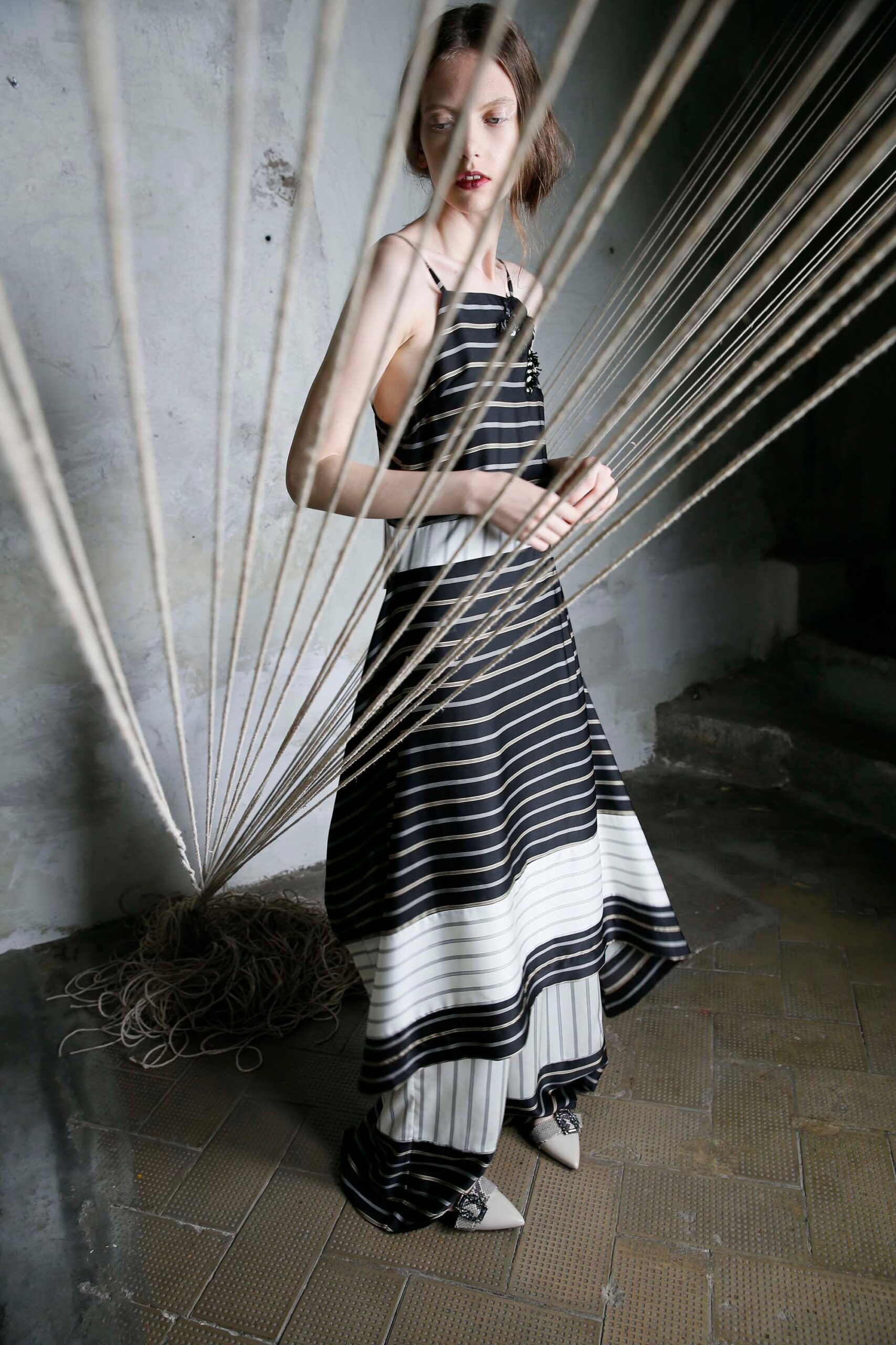 black and white striped midi dress