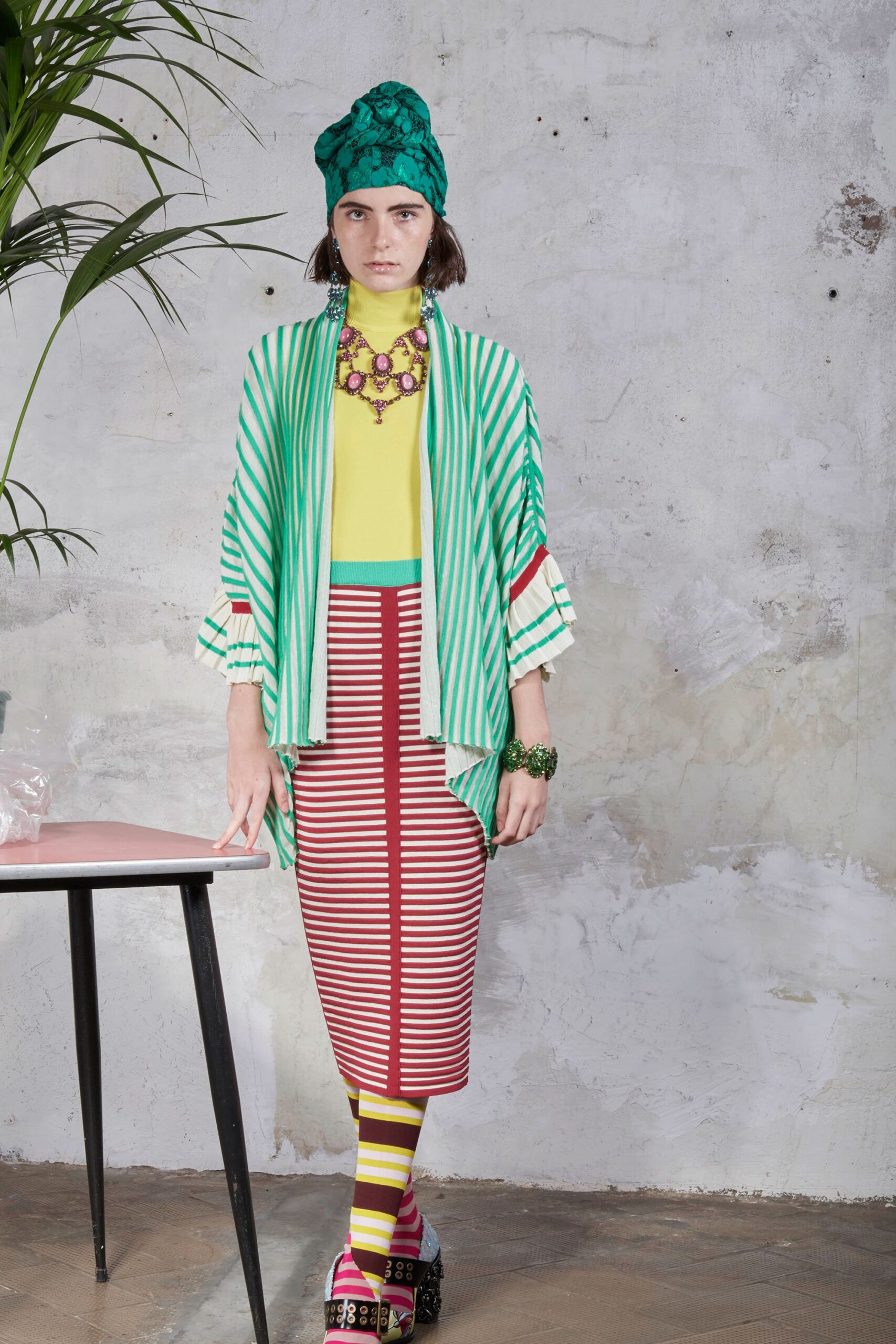 green long-sleeve collared relaxed striped top