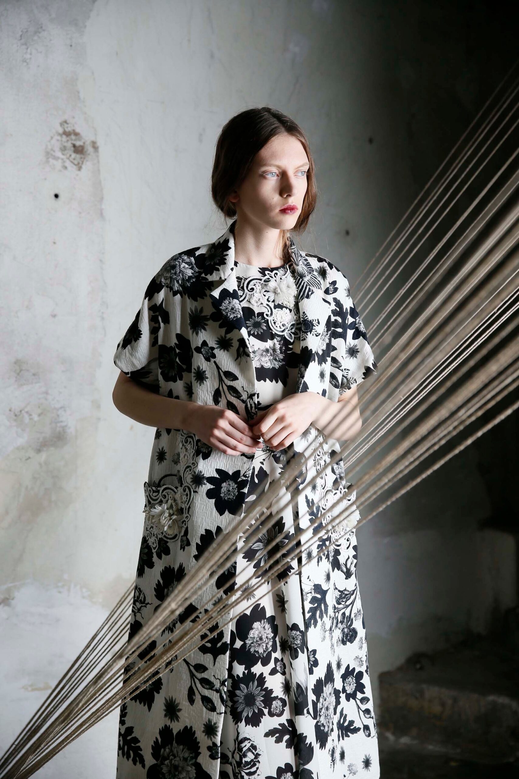 floral black and white dress and coat