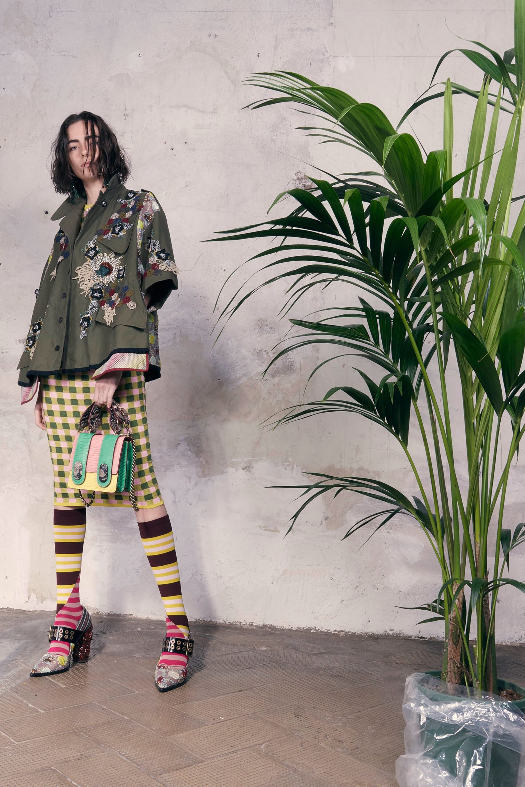 green cotton long-sleeve collared relaxed embroidered jacket