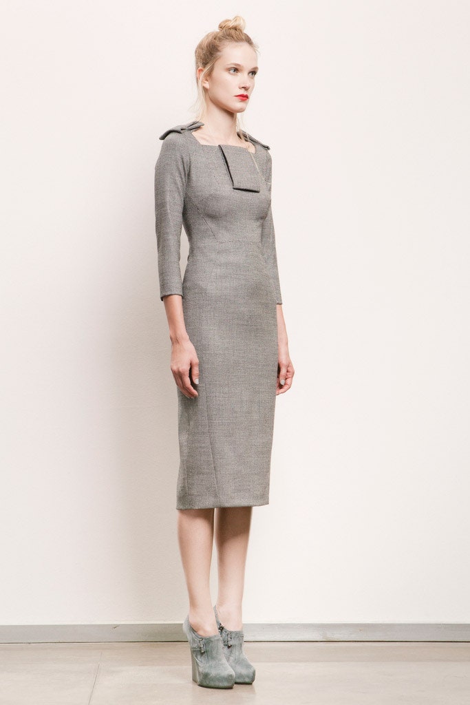 gray cotton long-sleeve collared fitted straight-leg midi dress