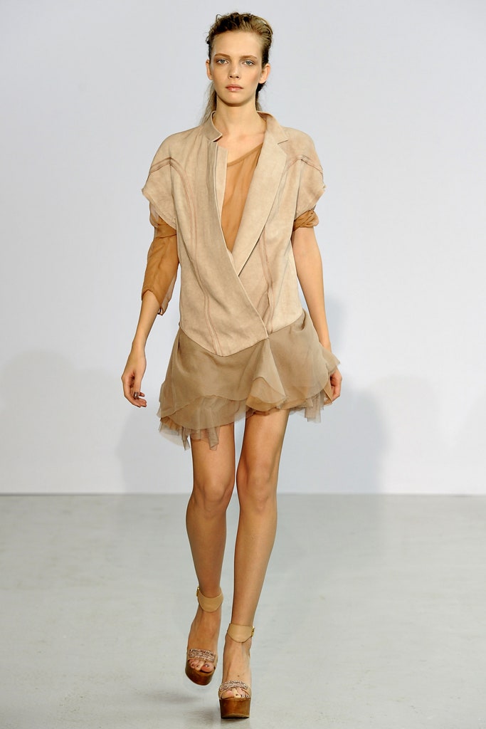 beige silk sleeveless v-neck fitted layered ruffled dress