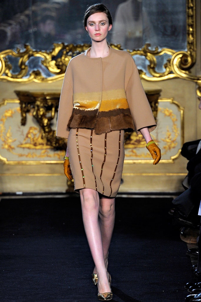 beige wool coat with pencil skirt