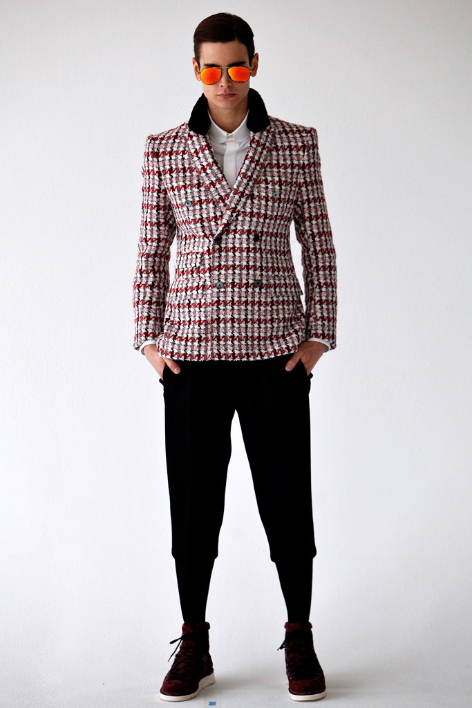 red and white checked blazer