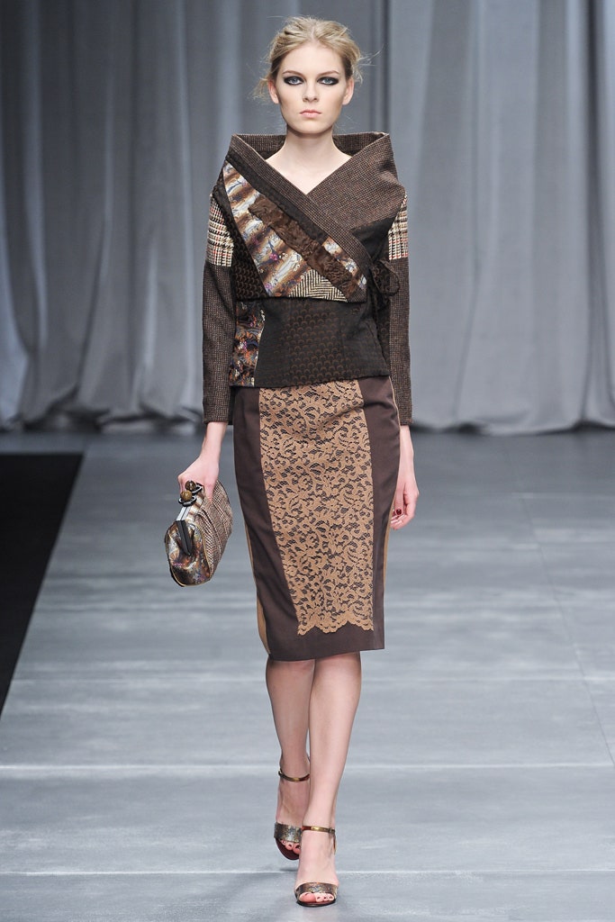 brown silk blouse and pencil skirt