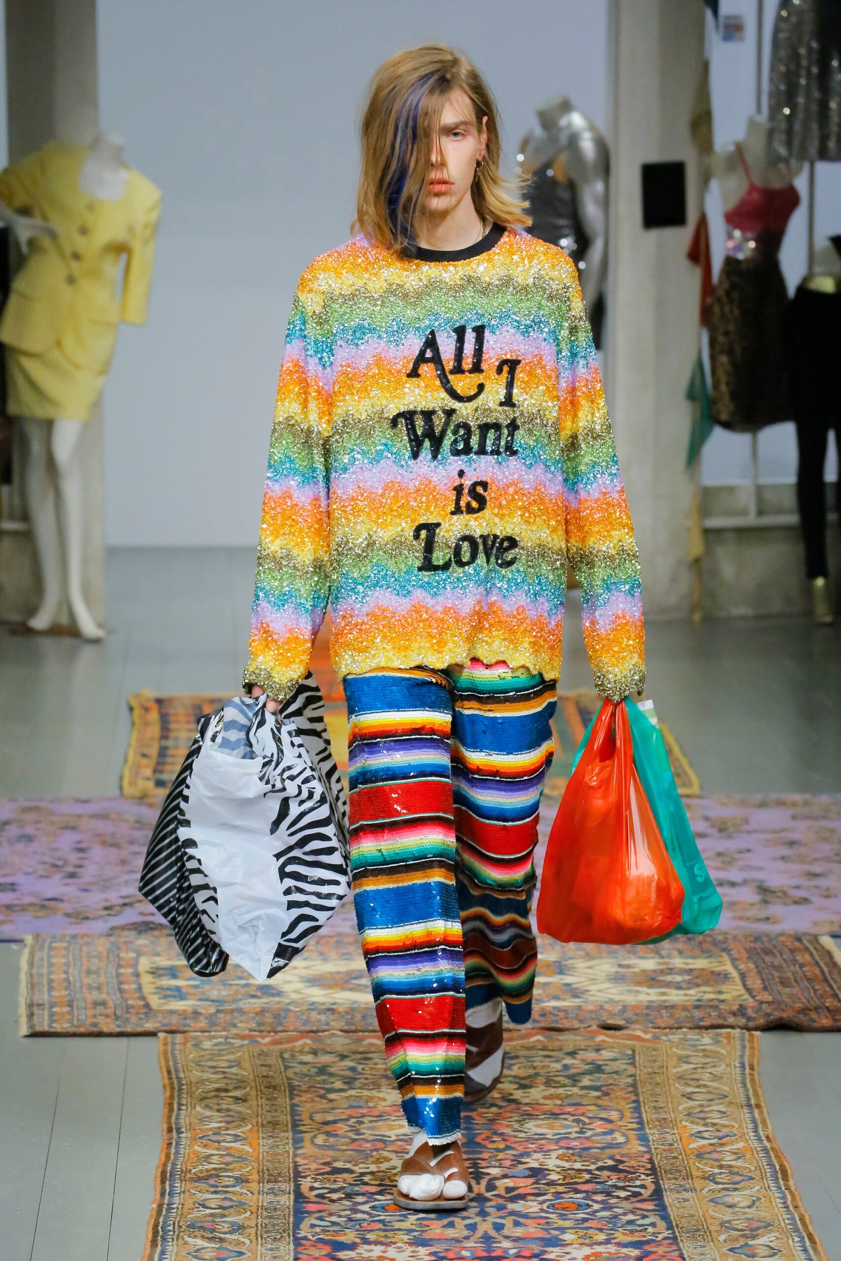 multi knit long-sleeve collared relaxed striped embellished sweater