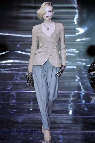 beige silk fitted blazer with gray tailored pants