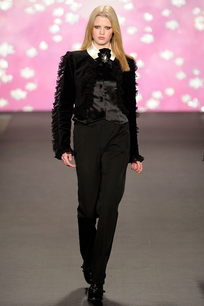 black silk long-sleeve collared fitted ruffled blouse