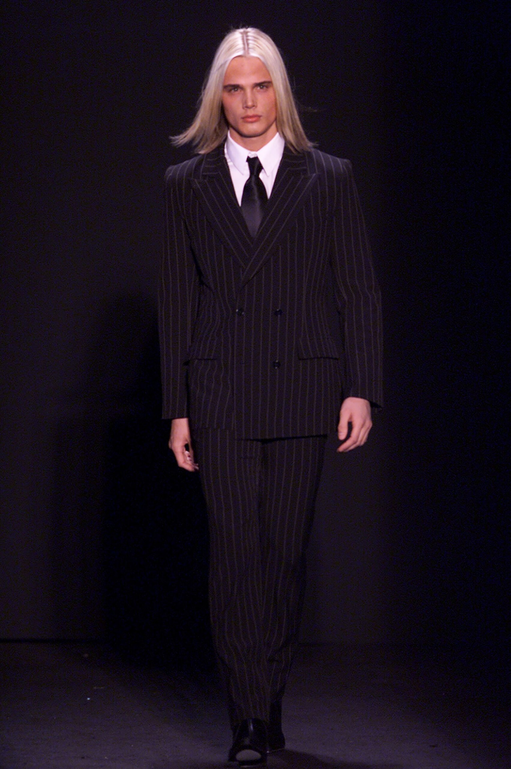 black and white striped suit