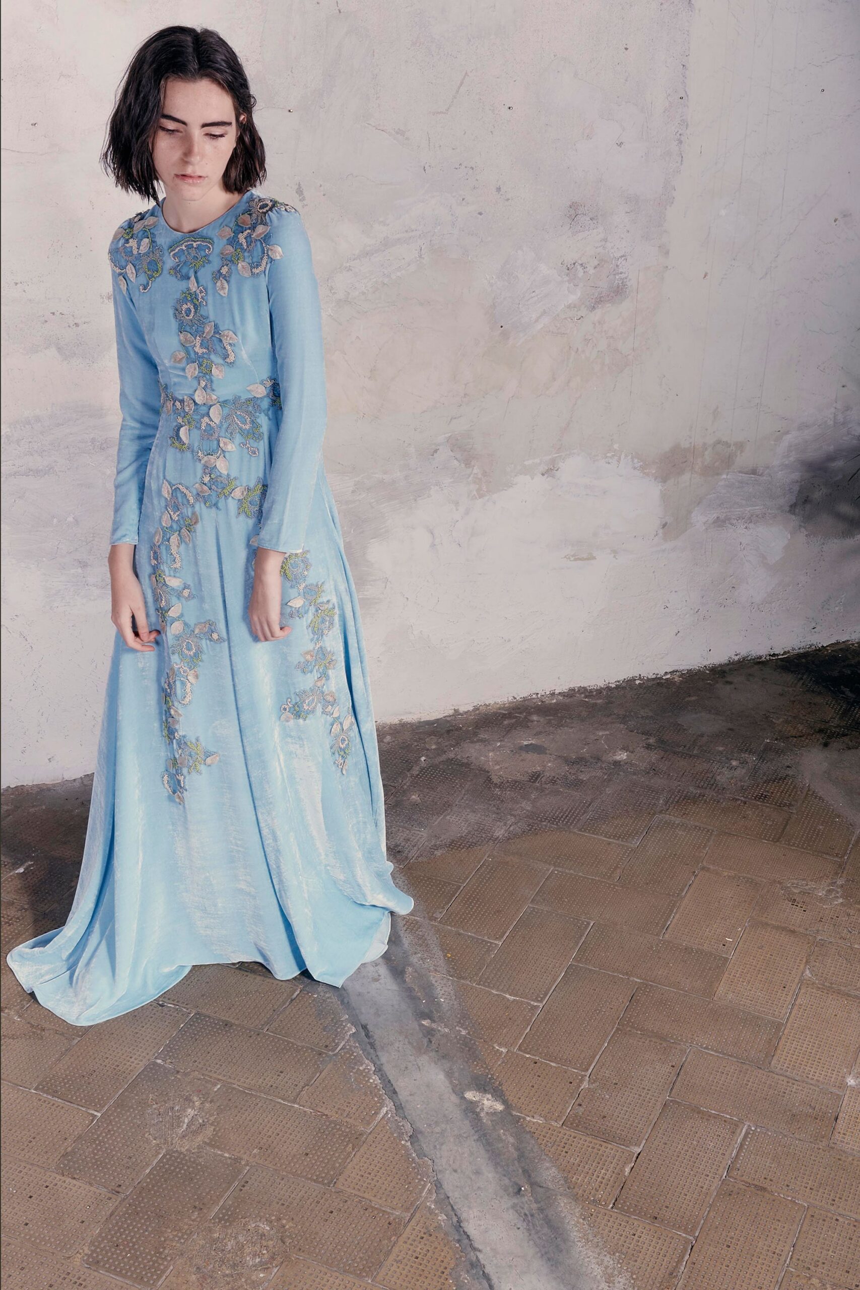 blue silk embroidered gown