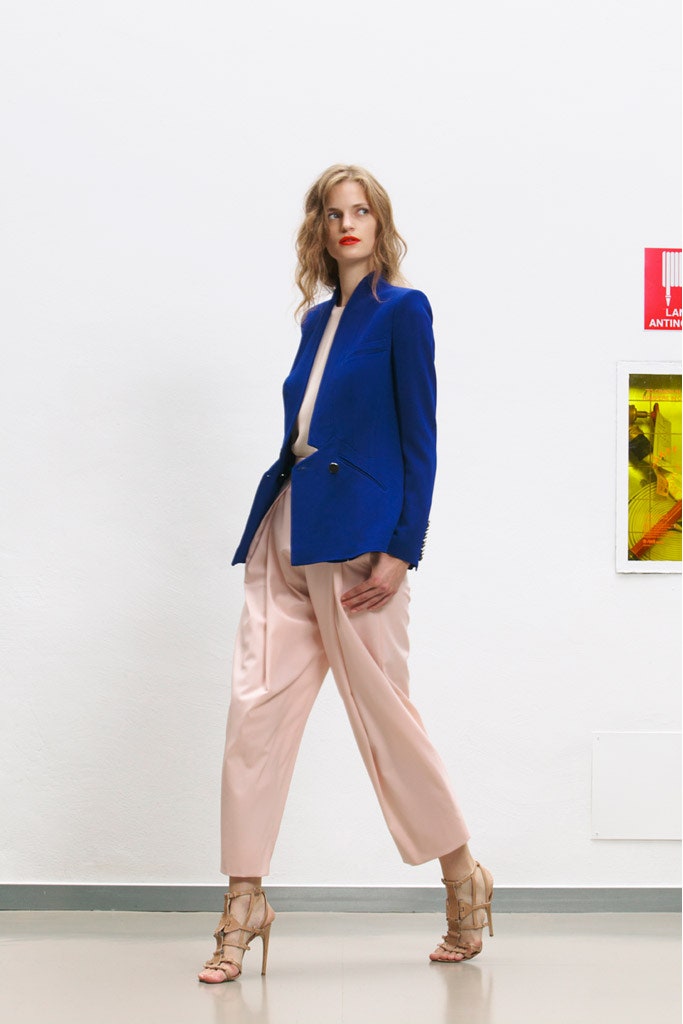 blue tailored blazer with pink pants
