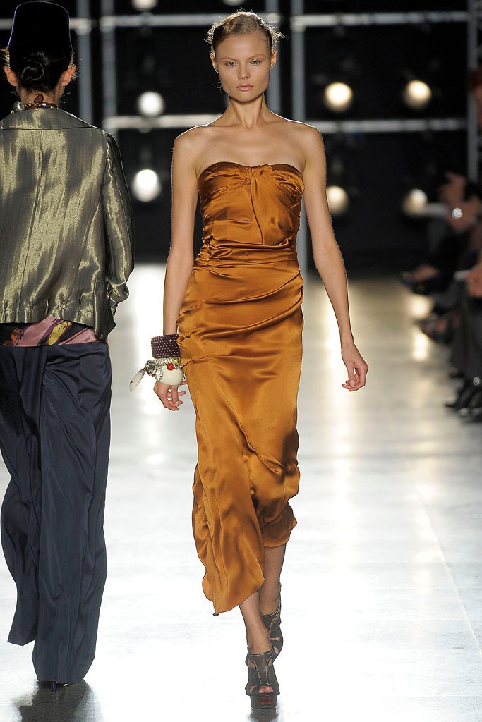 fitted orange silk strapless dress
