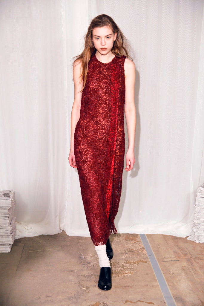 fitted red lace maxi dress