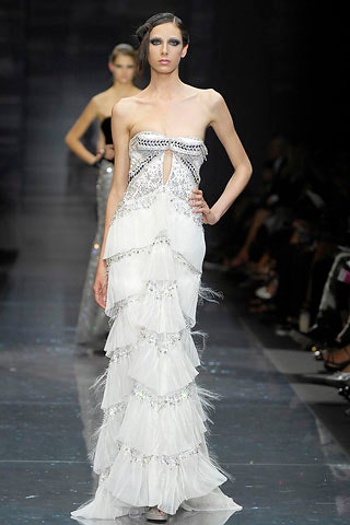 white silk strapless gown